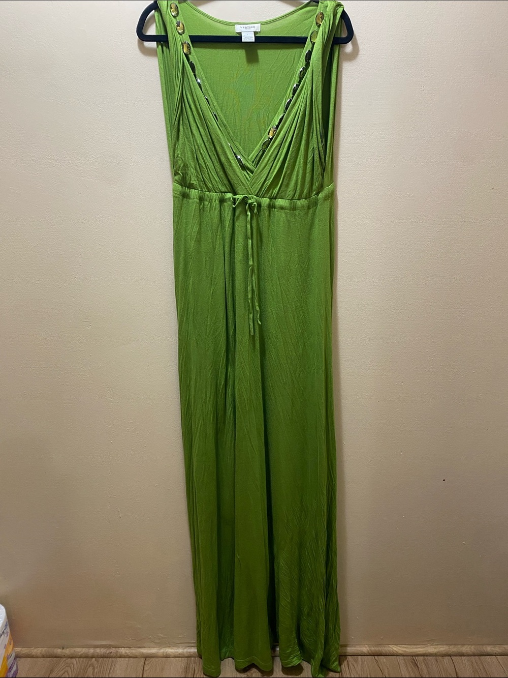 Vertigo Paris Lime Green Sleeveless V-Neck Maxi Dress w/Tie Waist Large Event